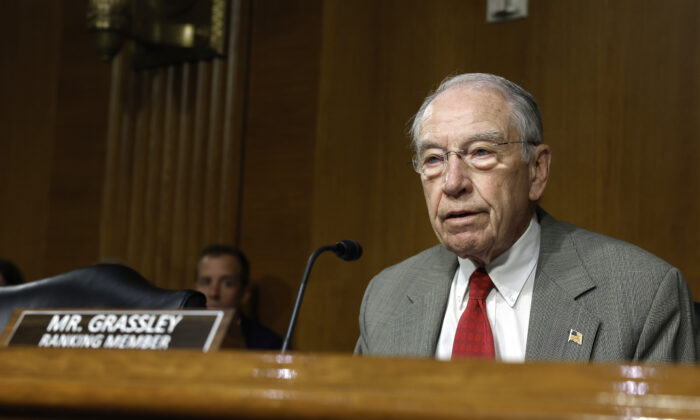 Senate Judiciary Ranking Member Chuck Grassley (R-Iowa) speaks at a hearing with the Senate Judiciary Committee in the Dirksen Senate Office Building in Washington on July 12, 2022. (Anna Moneymaker/Getty Images)