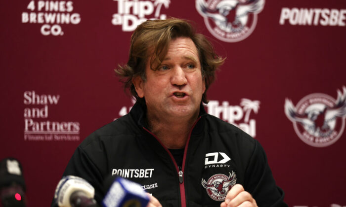 Sea Eagles coach Des Hasler speaks to the media at 4 Pines Park in Sydney, Australia on July 26, 2022. ( Matt King/Getty Images)