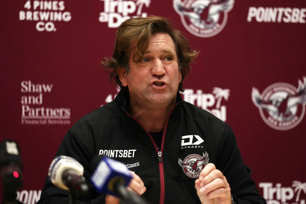 Sea Eagles coach Des Hasler speaks to the media at 4 Pines Park in Sydney, Australia on July 26, 2022. ( Matt King/Getty Images)