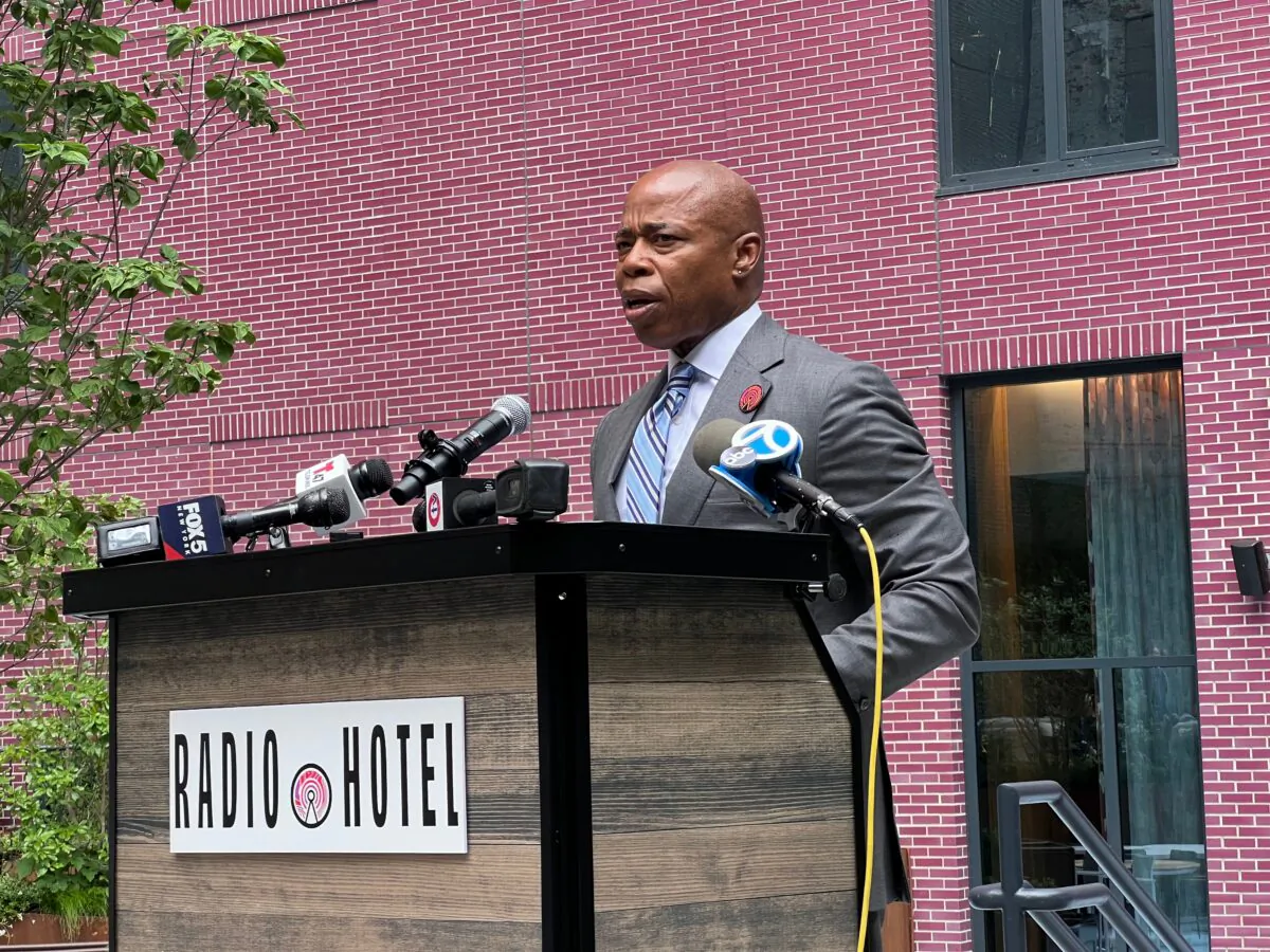 Mayor Eric Adams speaks at a ribbon-cutting ceremony for Radio Hotel in New York City on July 25, 2022. (Madalina Vasiliu/The Epoch Times)