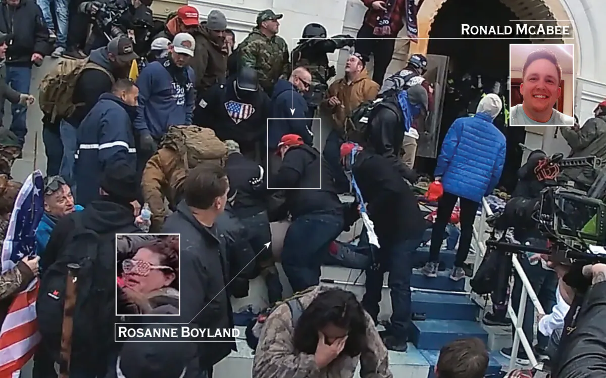 Ronald McAbee renders aid to an injured Rosanne Boyland outside the Lower West Terrace tunnel at the U.S. Capitol on Jan. 6, 2021. (Graphic by The Epoch Times)