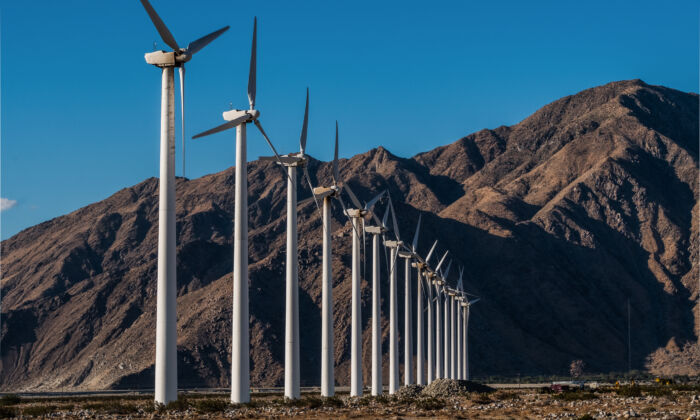 A wind farm outside of Palm Springs, Calif., on May 26, 2018. (John Fredricks/The Epoch Times)
