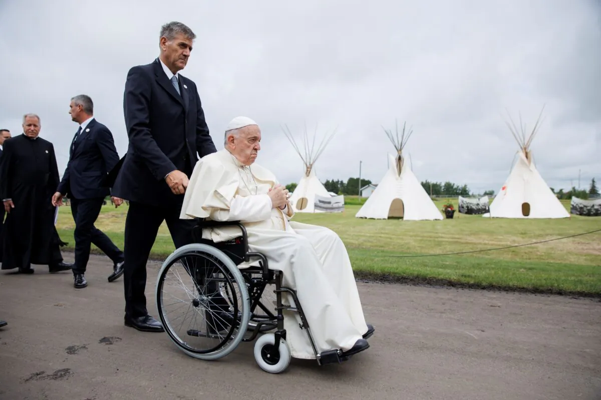 Pope Francis at the site of the former Ermineskin Residential School during his papal visit to Canada on July 25, 2022 in Maskwacis, Alberta. (Cole Burston/Getty Images). 