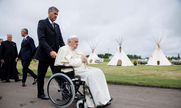 Pope Francis at the site of the former Ermineskin Residential School in Maskwacis, Alta., during his visit to Canada on July 25, 2022. (Photo by Cole Burston/Getty Images). 