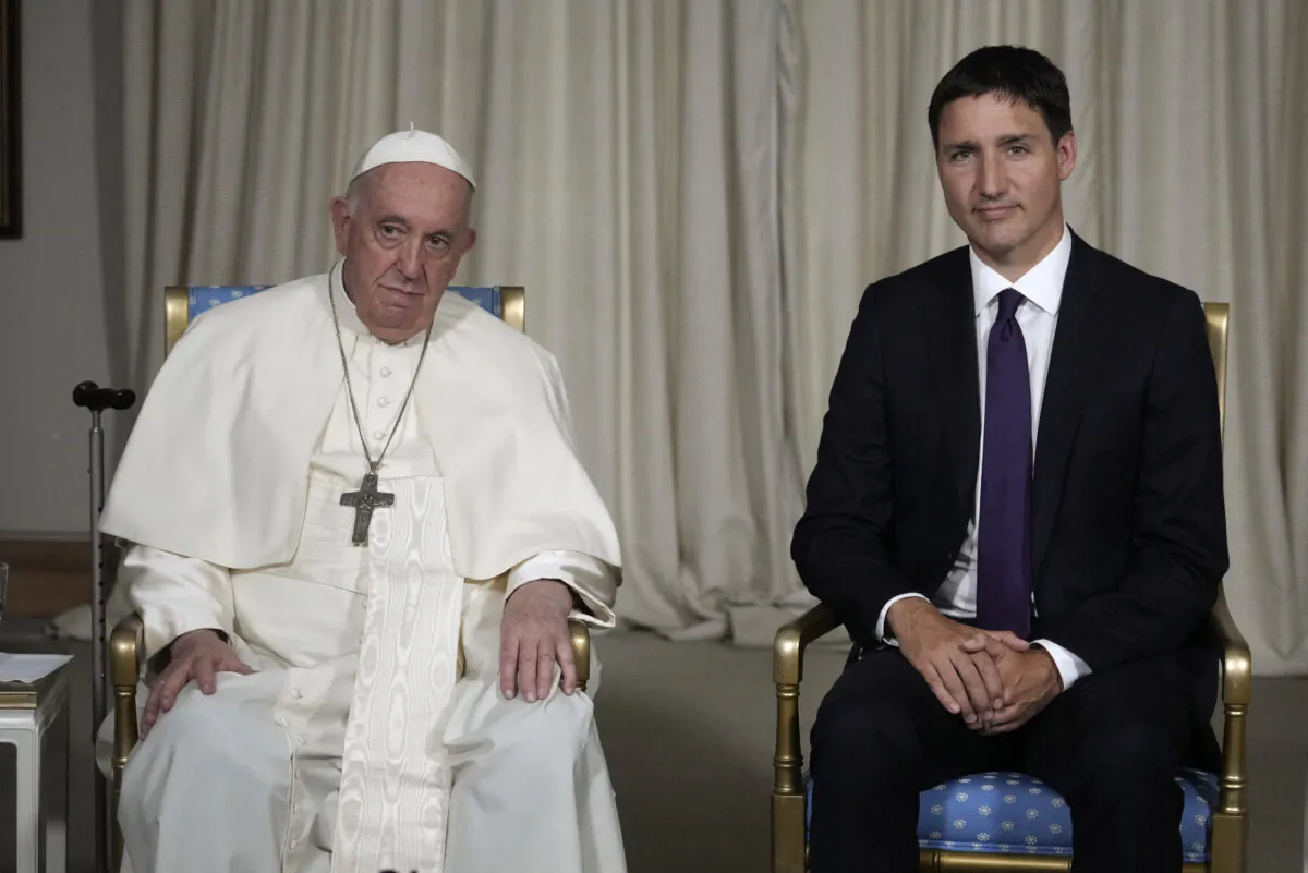 Pope Francis meets with Canadian Prime Minister Justin Trudeau at the Citadelle de Quebec in Quebec City, Quebec, on July 27, 2022. (Gregorio Borgia/Pool/AFP via Getty Images)