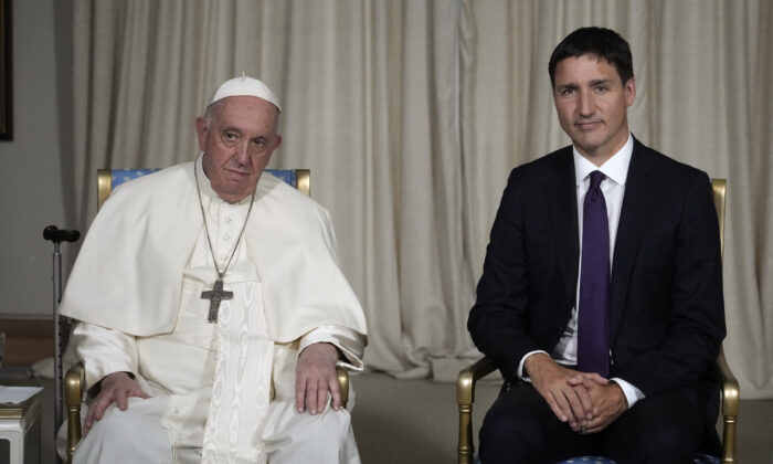 Pope Francis meets with Canadian Prime Minister Justin Trudeau at the Citadelle de Quebec in Quebec City, Quebec, on July 27, 2022. (Gregorio Borgia/Pool/AFP via Getty Images)