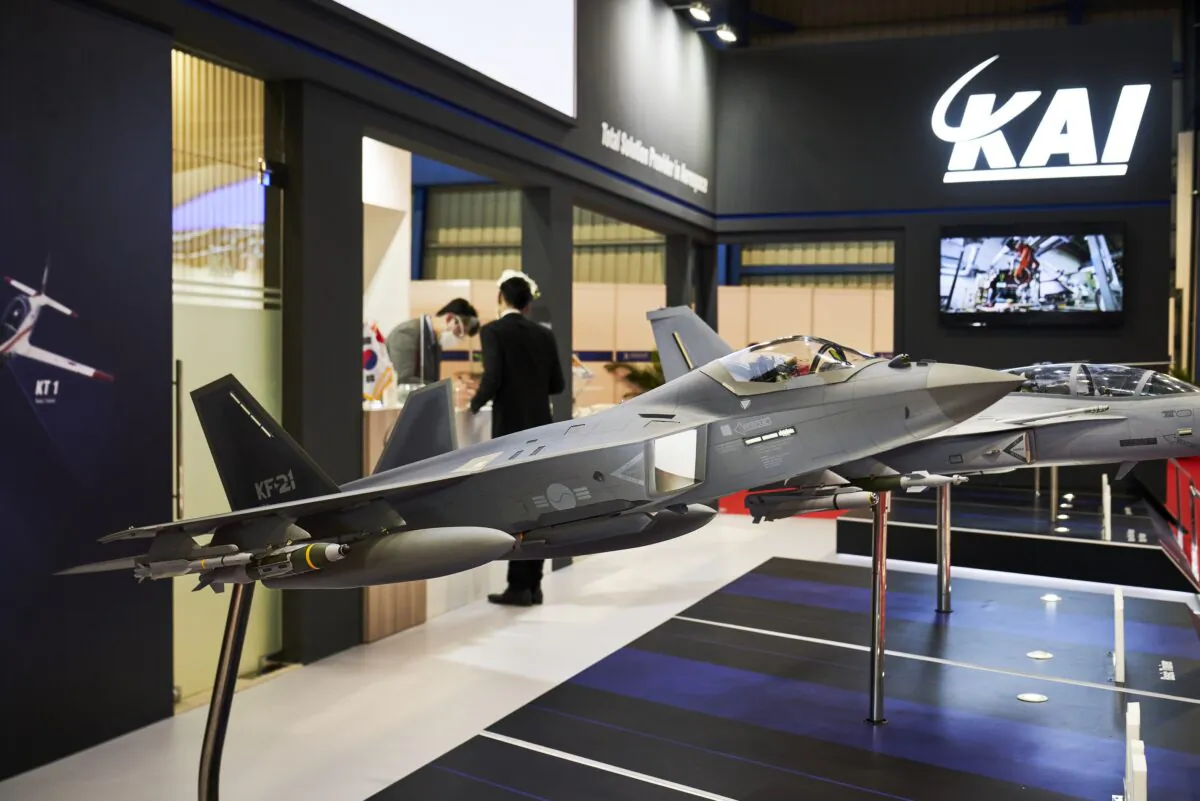 A Korean KF-21 fighter aircraft model on display at the Singapore Airshow, held at the Changi Exhibition Centre in Singapore, on Feb. 15, 2022. (Lauryn Ishak/Bloomberg via Getty Images)