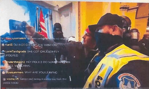 Screenshot from footage filmed on January 6, 2021 and posted to social media by journalist Timothy Burke.