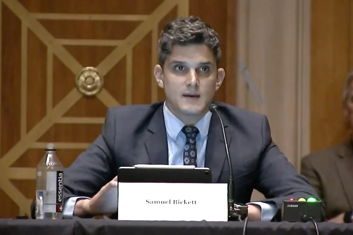 Samuel Bickett appeared before the U.S. Congressional-Executive Committee on China, in Washington, on July 12. (Screenshot of YouTube/CECC via The Epoch Times)