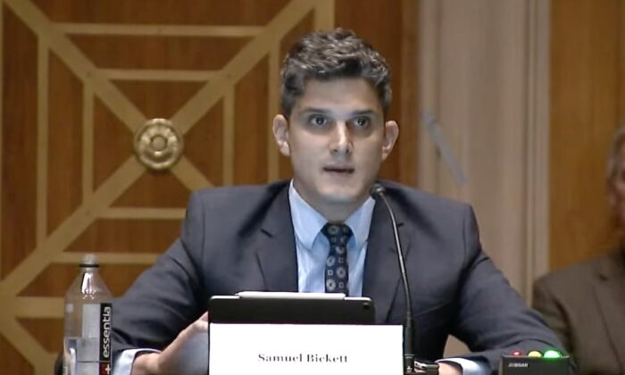 Samuel Bickett appeared before the U.S. Congressional-Executive Committee on China, in Washington, on July 12. (Screenshot of YouTube/CECC via The Epoch Times)