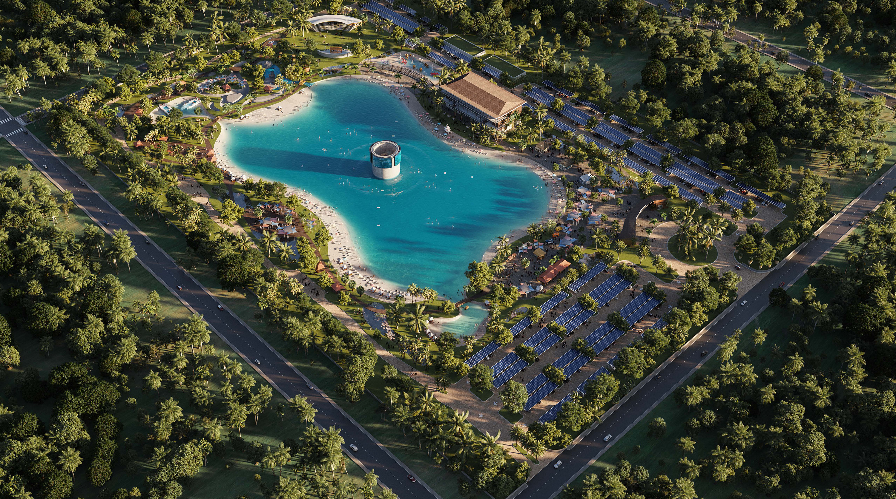 Renderings of the proposed Peak Surf Park planned for a location in either Pinellas or Hillsborough counties near Tampa, Florida, that looks to open by 2025.