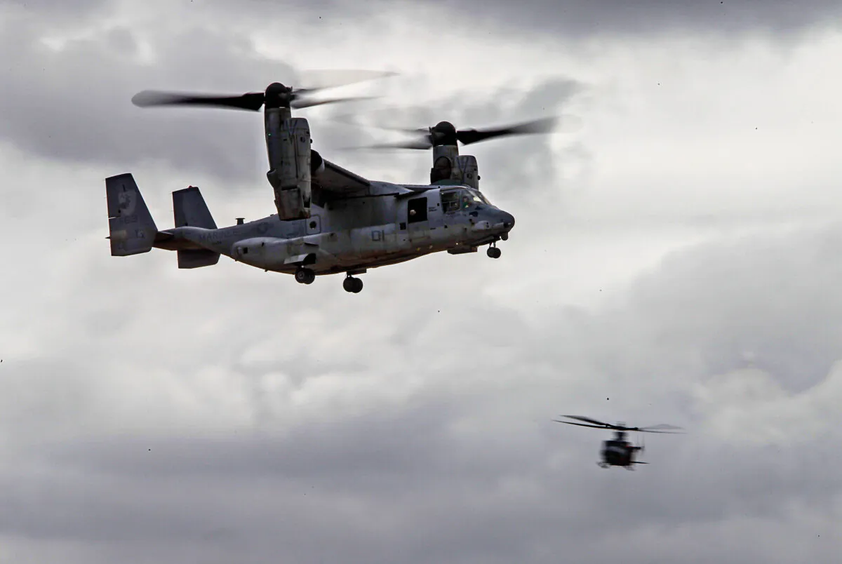 An Osprey aircraft flies during preview day for the MCAS Miramar Airshow on  Sept. 26, 2019, in San Diego. (Eduardo Contreras/The San Diego Union-Tribune/TNS Via The Epoch Times)