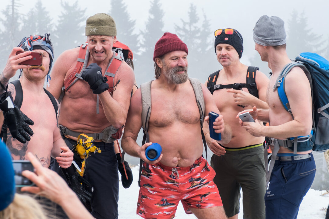 POLAND - January 27/2020: Winter expedition of Wim Hof from the Czech to Poland through the mountains Karkonoska, Przesieka. (NataliAlba/Shutterstock)