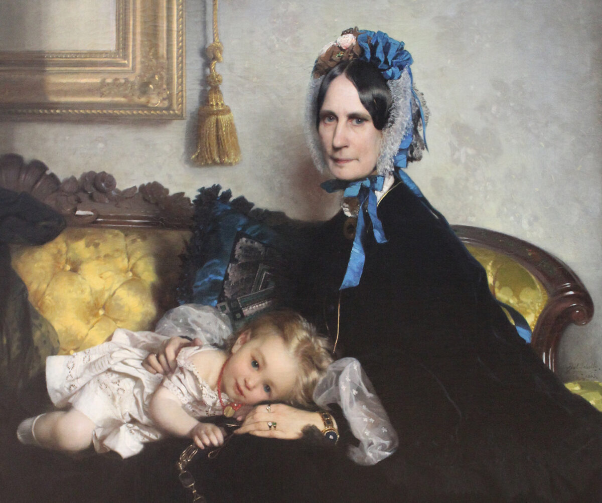 Kate Chopin's short story is about a lady, Madame Carambeau, who is “a woman of many prejudices, so many, in fact, that it would be difficult to name them all.” This painting (cropped view) is titled "Grandmother and Granddaughter" by Julius Scholtz in 1863. (Public Domain)