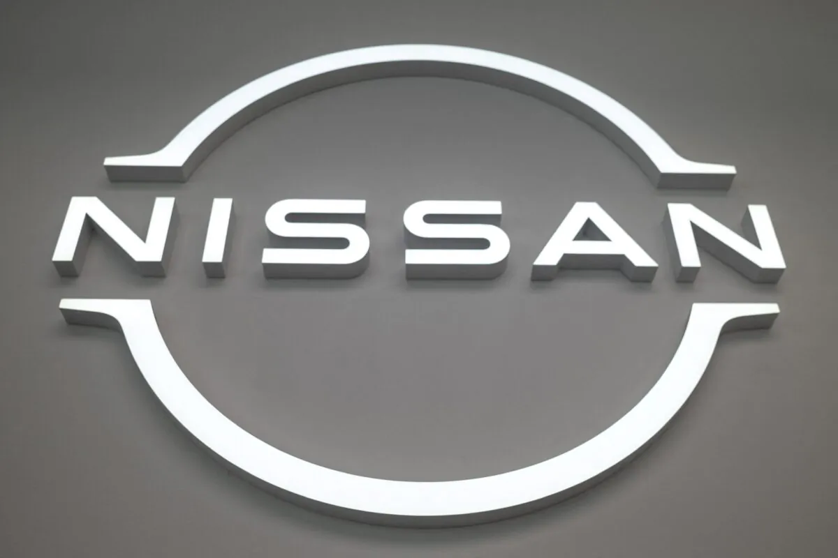 A logo in a car showroom of Japan's Nissan Motor at Tokyo's Ginza district on May 12, 2022. (Charly Triballeau/AFP via Getty Images)