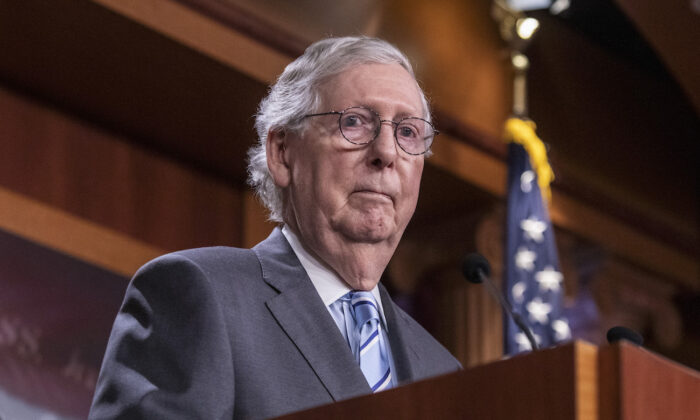 Senate Minority Leader Mitch McConnell (R-Ky.) at a press conference  at the U.S. Capitol in Washington, on July 26, 2022. (Anna Rose Layden/Getty Images)