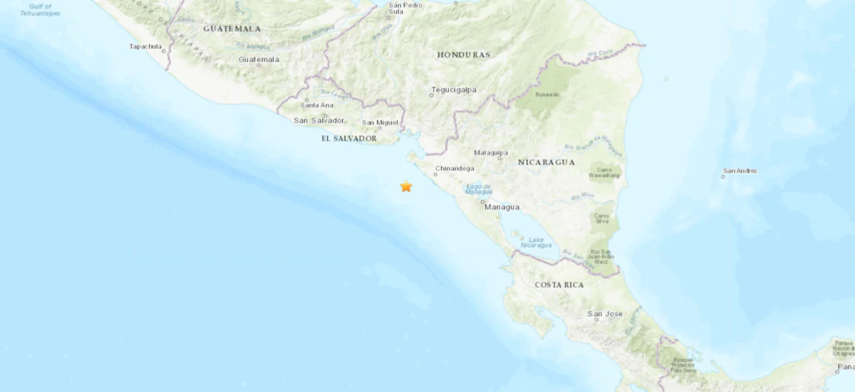 A map shows the location of an earthquake of magnitude 5.5 that struck 15 km southwest of Chinandega, near the coast of Nicaragua, on July 28, 2022. (USGS/Screenshot via The Epoch Times)