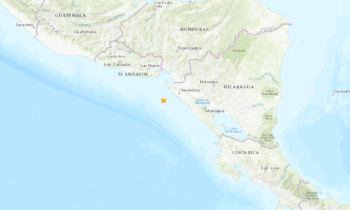 A map shows the location of an earthquake of magnitude 5.5 that struck 15 km southwest of Chinandega, near the coast of Nicaragua, on July 28, 2022. (USGS/Screenshot via The Epoch Times)