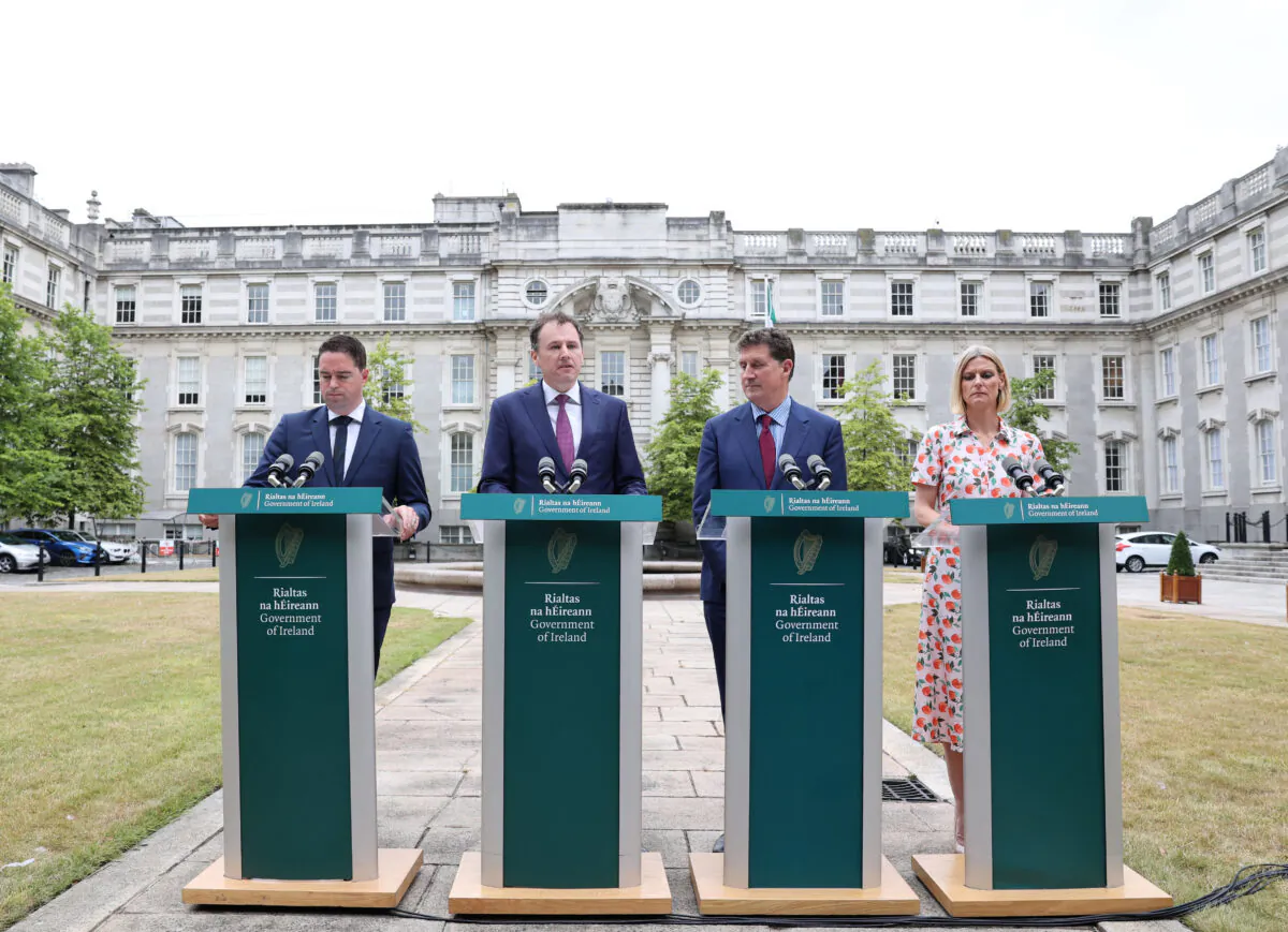 (L-R) Minister Martin Heydon, Charlie McConalogue, Mininster Eamon Ryan, and Minister Pippa Hackett speaking about reducing greenhouse gas emissions at a press conference at government Buildings in Dublin on July 28, 2022. (Government of Ireland handout via PA Media)
