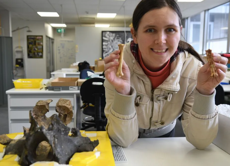 Ellen Mather holding the lower leg bone of an African vulture and the fossilised bone of the ancient Australian vulture at Flinders Paleontology Lab, Flinders University, Adelaide, Australia. (Image supplied by Flinders University)