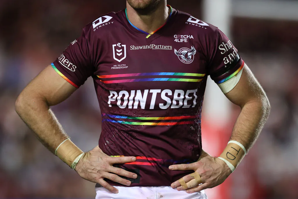 The Manly Sea Eagles rainbow pride jersey is seen on a player during the round 20 NRL match between the Manly Sea Eagles and the Sydney Roosters at 4 Pines Park 
 in Sydney, Australia on July 28, 2022. (Photo by Cameron Spencer/Getty Images)