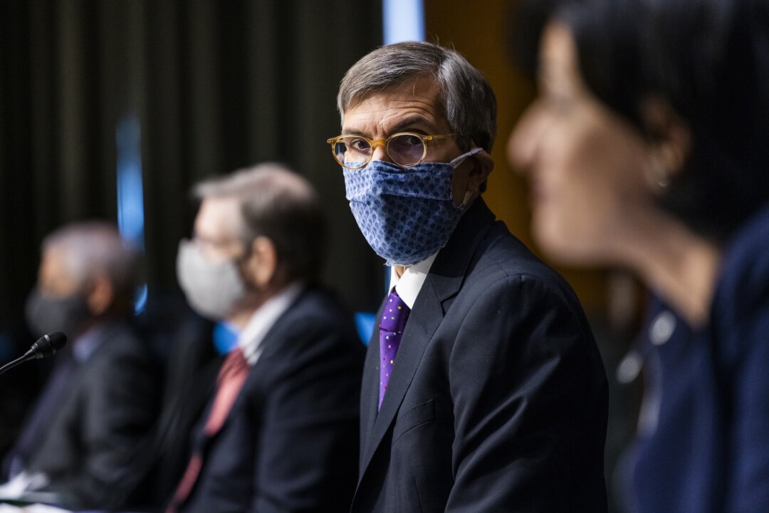 Dr. Peter Marks, director of the Center for Biologics Evaluation and Research at the US Food and Drug Administration (FDA), testifies to a Senate panel on Capitol Hill in Washington on May 11, 2021. (Jim Lo Scalzo/Pool/Getty Images)