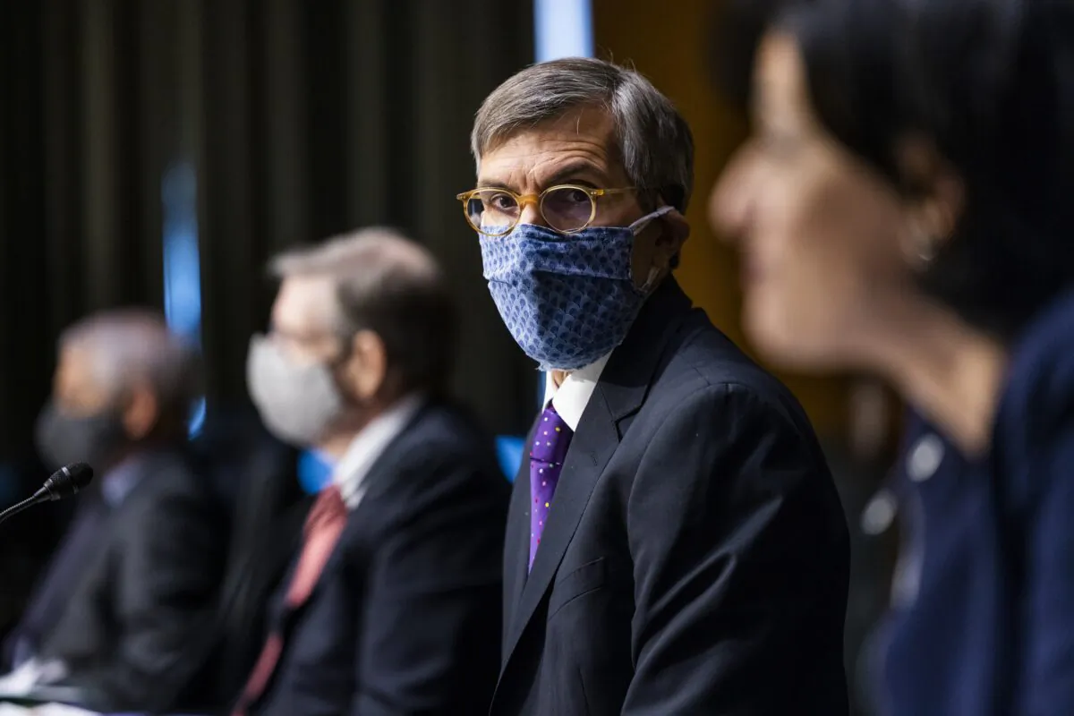 Dr. Peter Marks, director of the Center for Biologics Evaluation and Research at the U.S. Food and Drug Administration (FDA), testifies to a Senate panel on Capitol Hill in Washington on May 11, 2021. (Jim Lo Scalzo/Pool/Getty Images)
