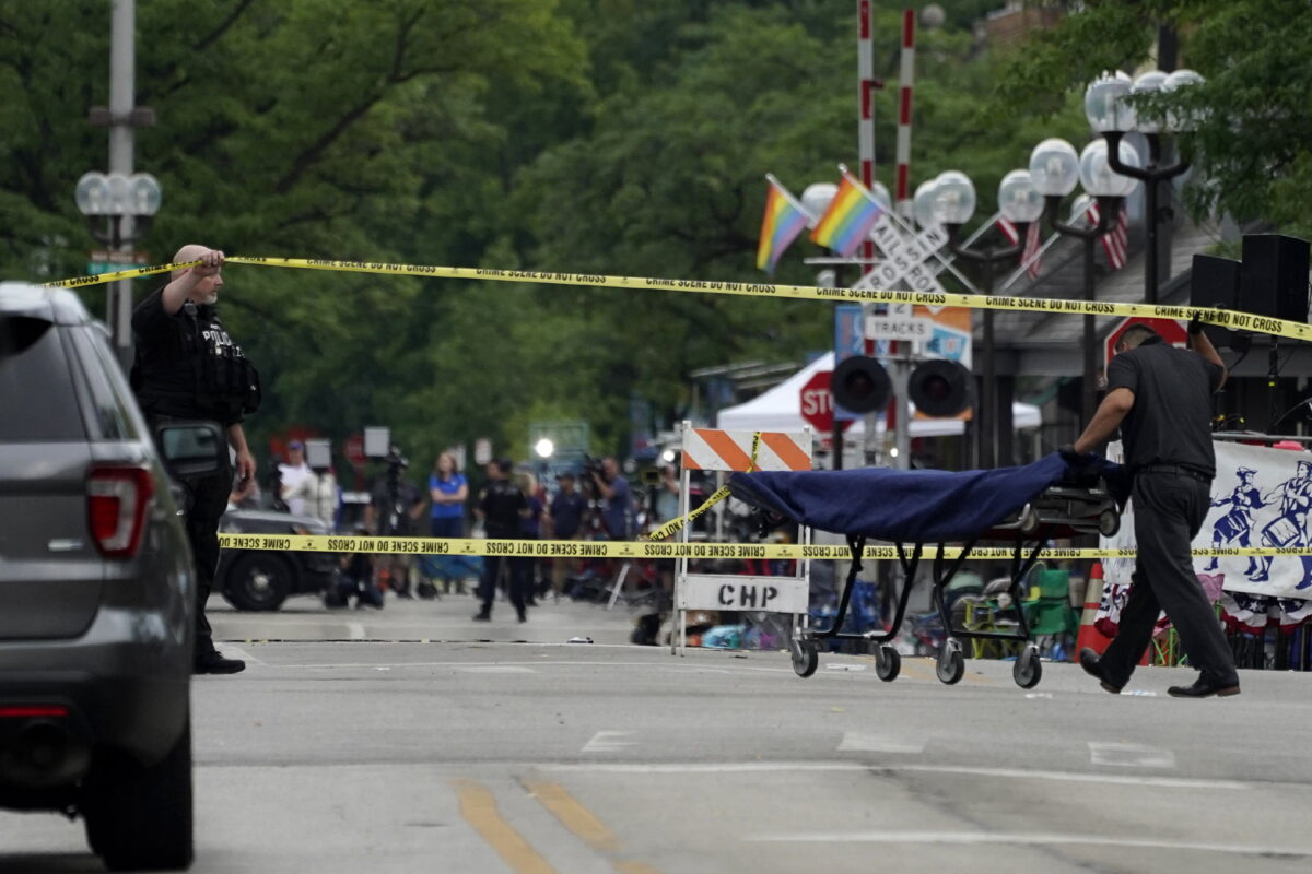 A stretcher is seen after a shooting at the Highland Park Fourth of July parade in downtown Highland Park, Ill., a Chicago suburb, on July 4, 2022. (Nam Y. Huh/AP Photo)