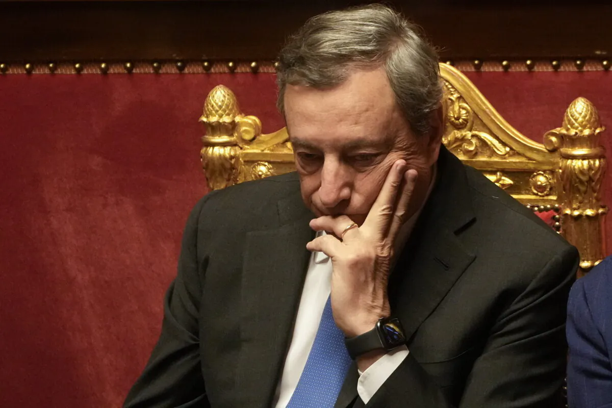 Italian Premier Mario Draghi pauses at the end of a debate at the Senate in Rome on July 20, 2022. (Gregorio Borgia/AP Photo)