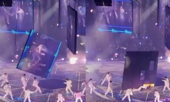 A Screenshot of a video capturing the moment when the TV screen fell and struck the dancers during MIRROR We Are Concert in Hong Kong on Jul 28, 2022. (Screenshot of a video by Big Mack/The Epoch Times)