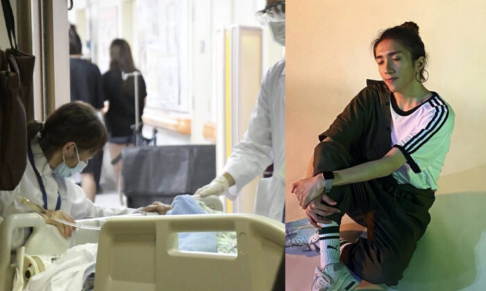 左：MIRROR演唱会舞者李莫在7月28日事件发生后被送往医院。（巨无霸/）右：李启贤在2022年7月28日的MIRROR演唱会中因电视屏幕坠落而受伤（李莫/Instagram来自）