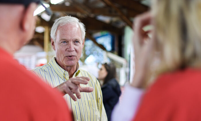 U.S. Senator Ron Johnson (R-Wis.) speaks with supporters at an event for his 2022 reelection campaign in an undated photo. (Courtesy of Ron Johnson for U.S. Senate) 