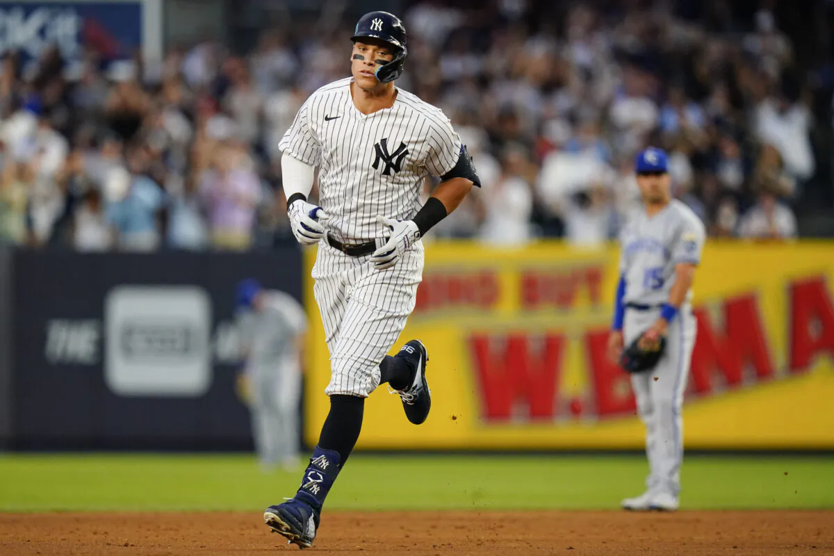 New York Yankees' Aaron Judge runs the bases after hitting a two-run home run during the third inning of a baseball game against the Kansas City Royals in New York on July 29, 2022. (Frank Franklin II/AP Photo)