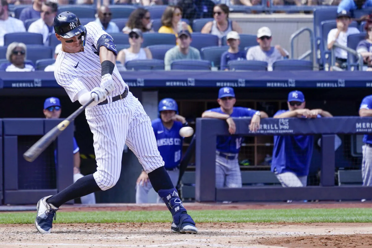 New York Yankees' Aaron Judge hits a two-run home run during the second inning of a baseball game against the Kansas City Royals in New York on July 30, 2022. (Mary Altaffer/AP Photo)