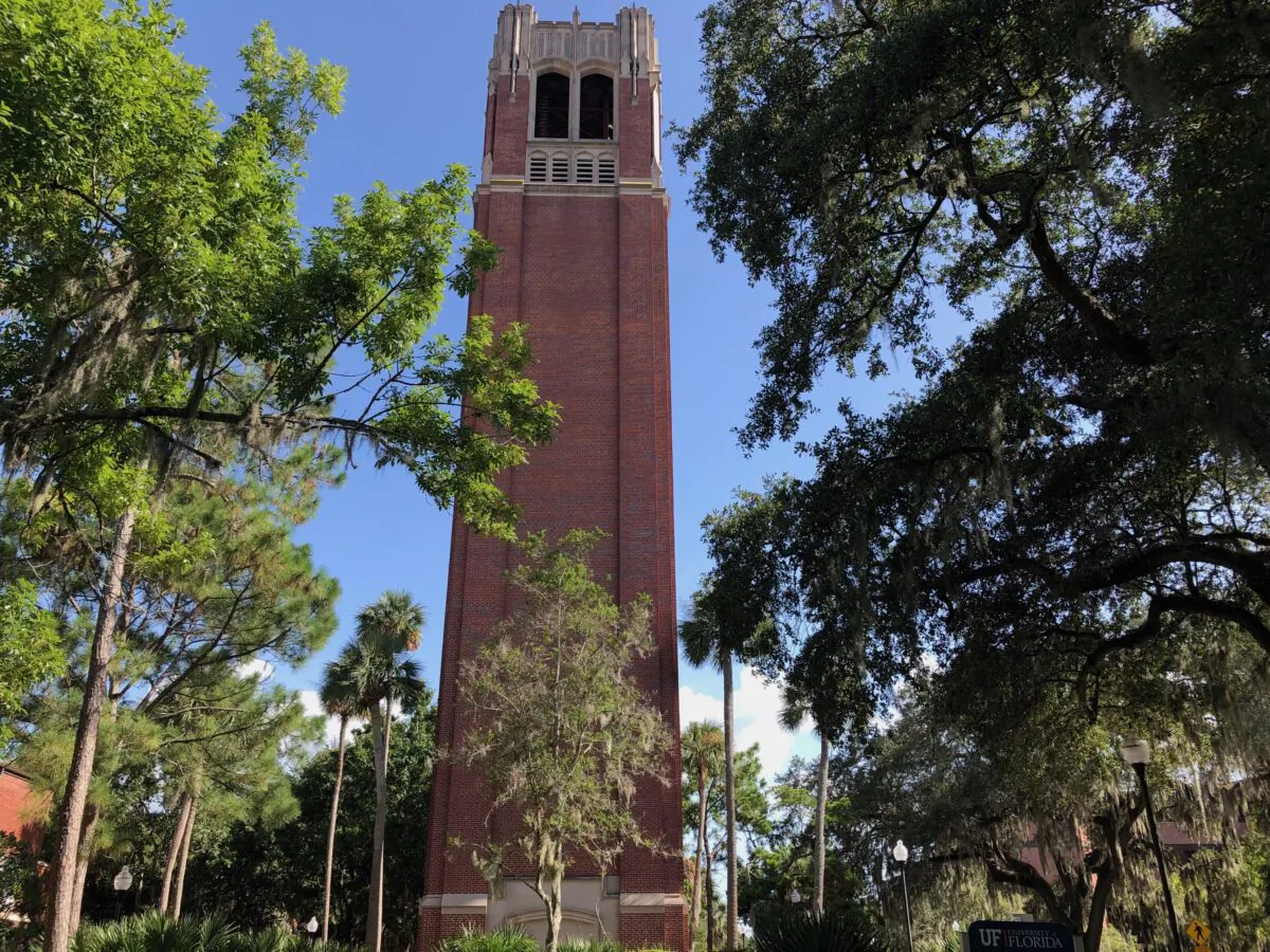 The iconic Century Tower on the University of Florida campus in Gainesville, Fla. on July 30, 2022. (Nanette Holt/The Epoch Times)
