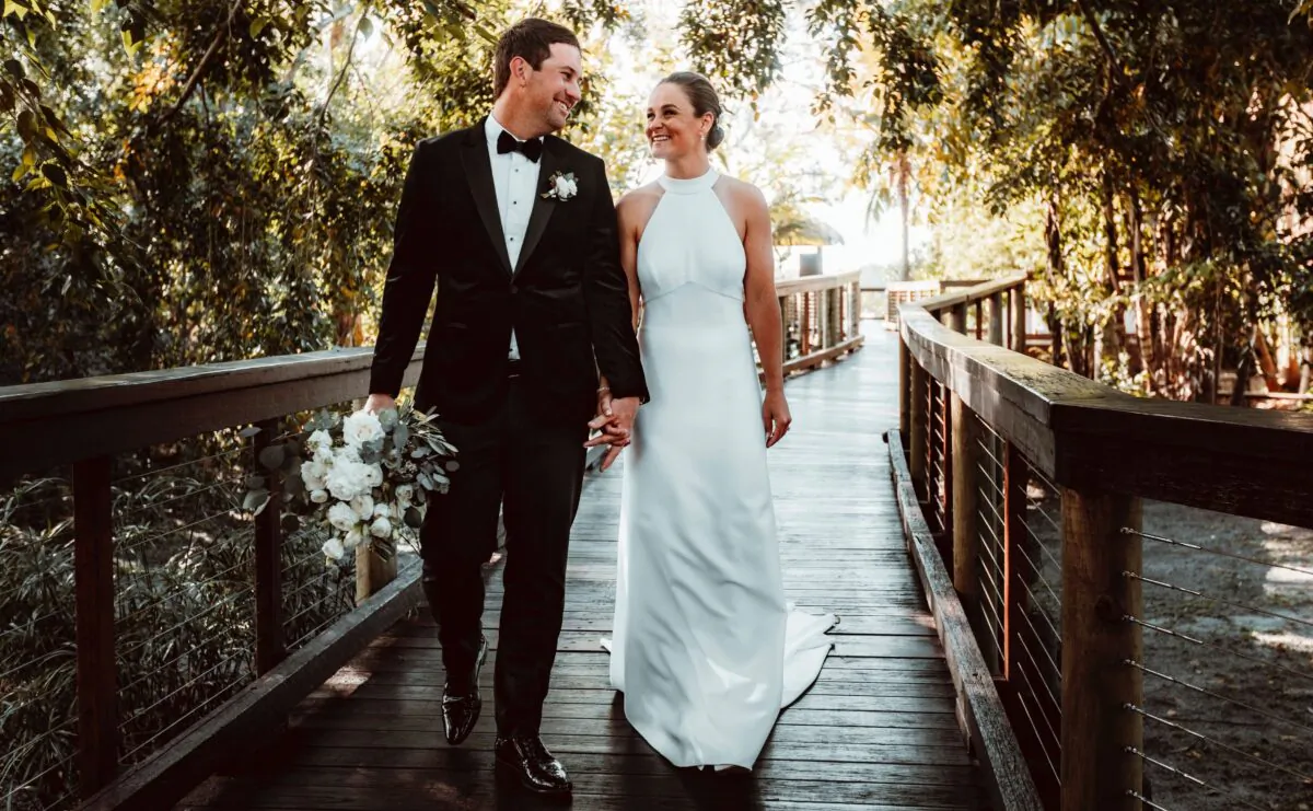 Australian tennis player Ashleigh Barty and husband Garry Kissick after they got married on July 30, 2022. (AAP Image/Supplied by Ashleigh Barty)
