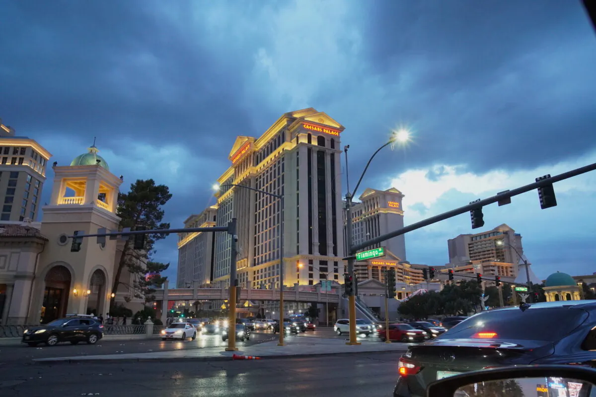 Dark storm clouds were brewing in downtown Las Vegas the night of July 29, 2022, a day after powerful monsoon rains flooded the iconic downtown Strip. (Allan Stein/The Epoch Times)