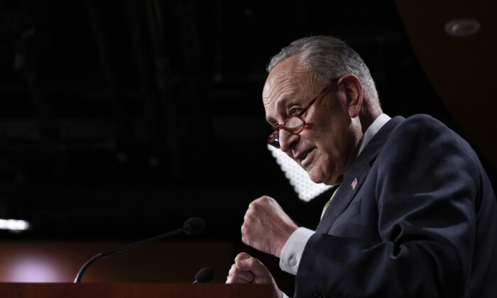 Senate Majority Leader Chuck Schumer (D-N.Y.) speaks to reporters during a news conference at the U.S. Capitol in Washington on July 28, 2022. (Drew Angerer/Getty Images)