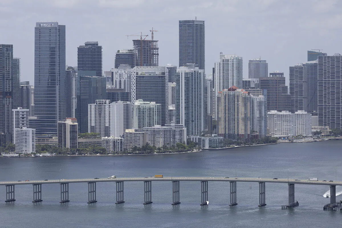 An aerial view of the city of Miami skyline is seen next to the waters of Biscayne Bay, in Miami, Fla., on July 21, 2022. (Joe Raedle/Getty Images)