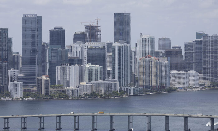 An aerial view of the city of Miami skyline is seen next to the waters of Biscayne Bay, in Miami, Fla., on July 21, 2022. (Joe Raedle/Getty Images)