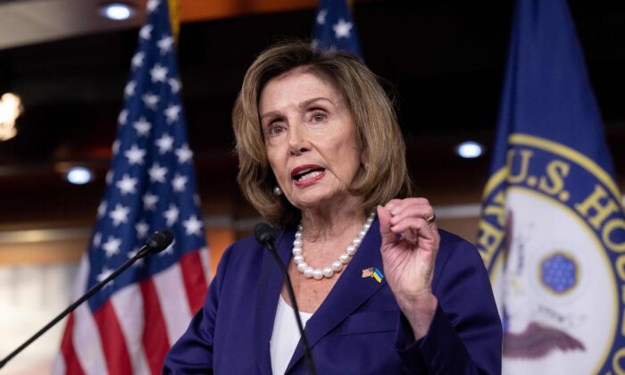 House Speaker Nancy Pelosi (D-Calif.) holds her weekly press conference on Capitol Hill in Washington on July 29, 2022. (Saul Loeb/AFP via Getty Images)