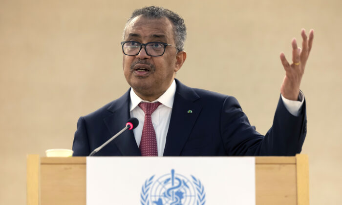 World Health Organization (WHO) Director-General Tedros Adhanom Ghebreyesus delivers his post-re-election address at the 75th World Health Assembly at the United Nations European Headquarters in Geneva, Switzerland, 24 May 2022.  (Nolfi/Keystone via Salvatore di AP)