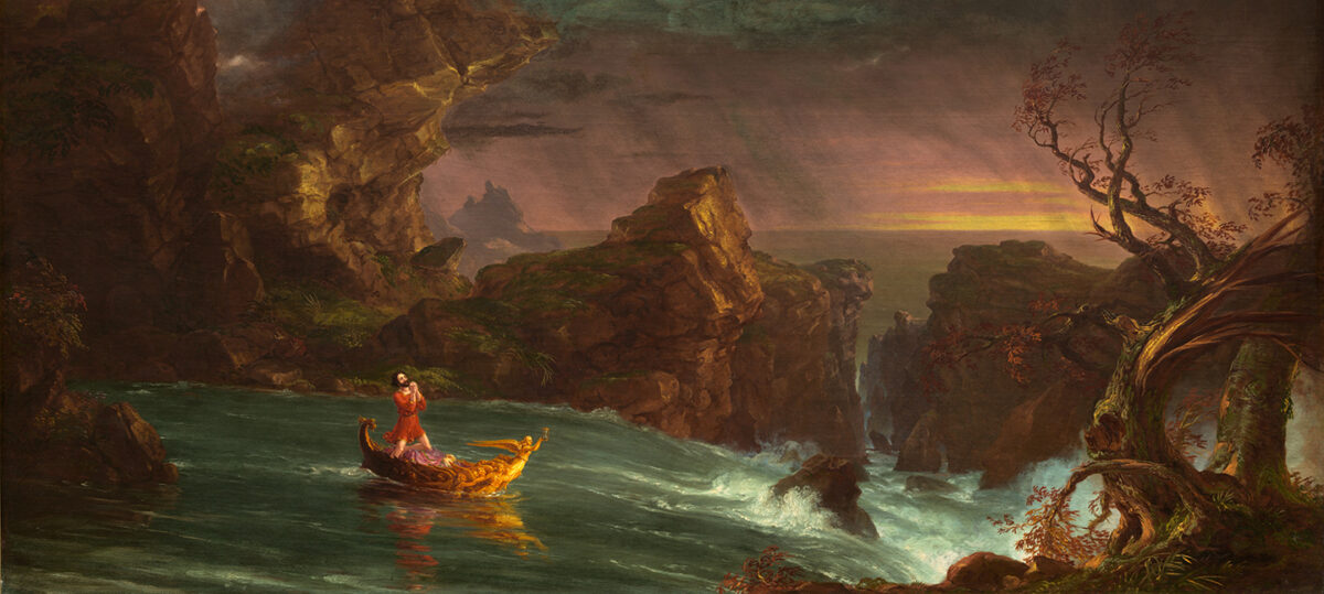 During midlife, man prays to survive life's turbulence, in a detail from “The Voyage of Life: Manhood,” 1842, by Thomas Cole. Oil on canvas. National Gallery of Art, Washington, D.C. (Public Domain)