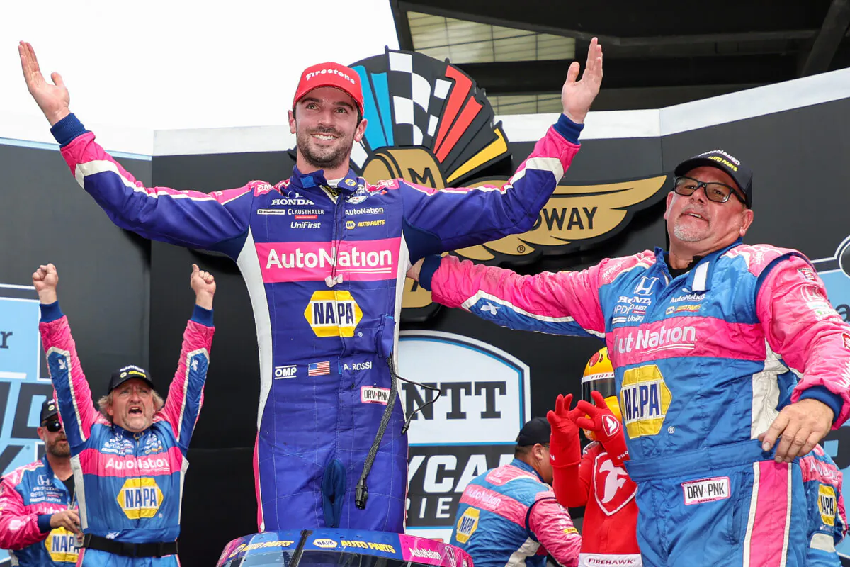 Alexander Rossi, driver of the #27 NAPA AUTO PARTS Honda, celebrates in victory lane after winning the NTT IndyCar Series Gallagher Grand Prix at the Indianapolis Motor Speedway in Indianapolis on July 30, 2022. (James Gilbert/Getty Images)
