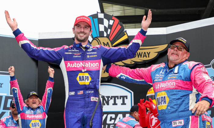Alexander Rossi, driver of the #27 NAPA AUTO PARTS Honda, celebrates in victory lane after winning the NTT IndyCar Series Gallagher Grand Prix at the Indianapolis Motor Speedway in Indianapolis on July 30, 2022. (James Gilbert/Getty Images)