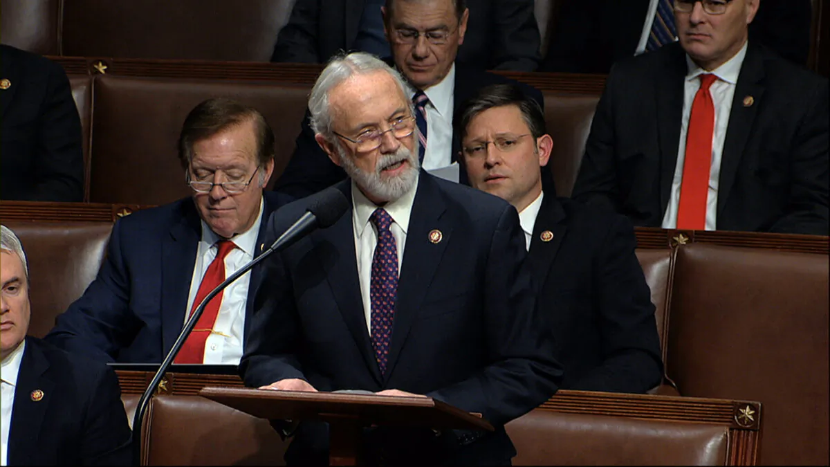 Rep. Dan Newhouse (R-Wash.) speaks as the House of Representatives debates the articles of impeachment against President Donald Trump at the Capitol in Washington on Dec. 18, 2019. (House Television via AP)