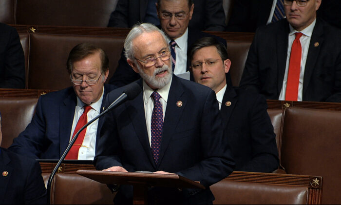 Rep. Dan Newhouse (R-Wash.) speaks as the House of Representatives debates the articles of impeachment against President Donald Trump at the Capitol in Washington on Dec. 18, 2019. (House Television via AP)