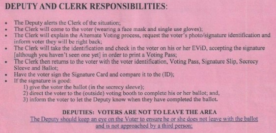 Screenshot of mandatory Deputy and Clerk Responsibilities procedures to be followed if a voter registers a temperature of 100 degrees or more being imposed by the Supervisor of Elections for Charlotte County, Florida for the 2022 Primary Election Cycle.
