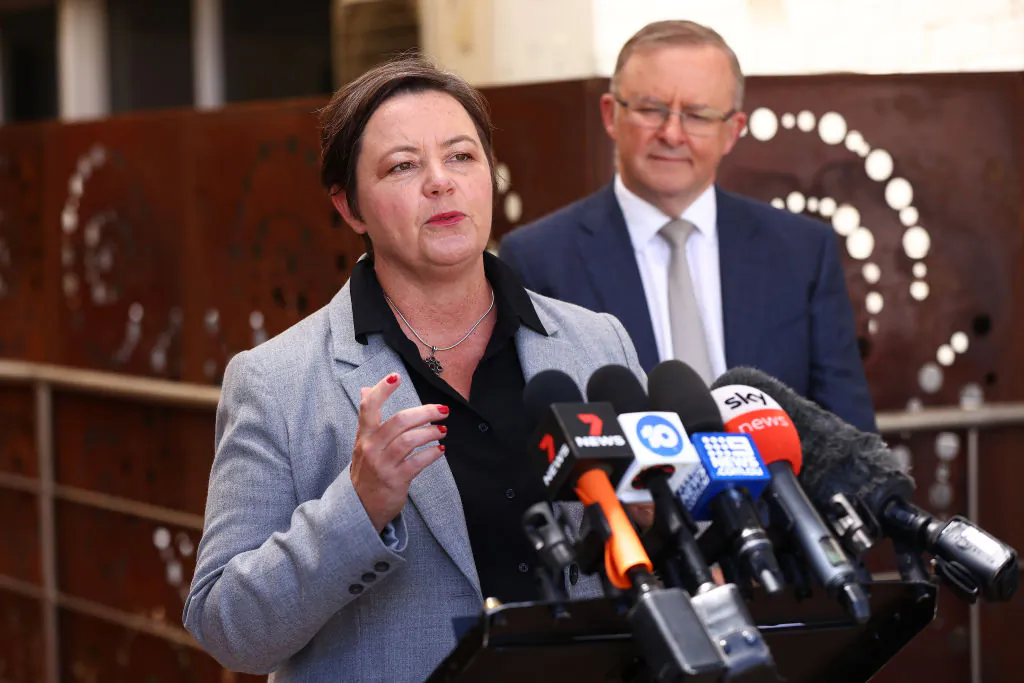 Australian Federal Resources Minister Madeleine King addresses the media alongside Prime Minister Anthony Albanese in Kwinana, Australia, on March 4, 2021. (Paul Kane/Getty Images)