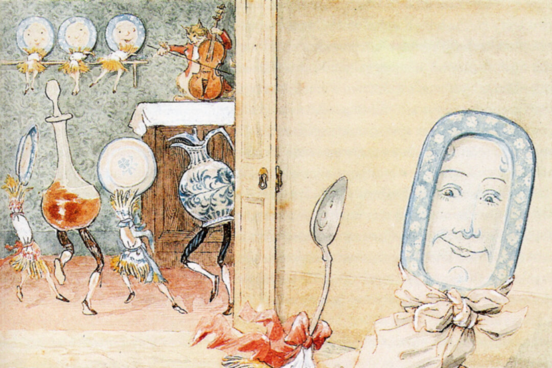 "And the Dish Ran Away with the Spoon," by Randolph Caldecott, 1882.
Pen and ink, gouache, and watercolor on paper; 6 5/16 by 7 3/4 inches.  London: George Routledge and Sons. (Public domain)